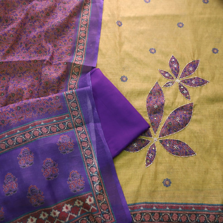 Rudrashi Mustard Yellow Kardana Work in Ajrak Printed Style Cotton Linee Suit Set