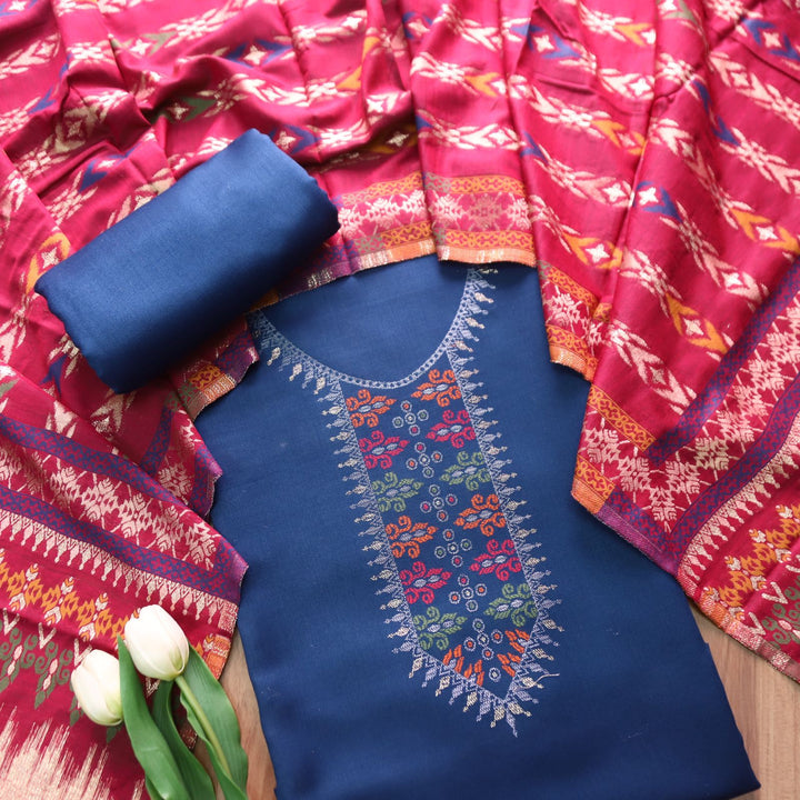 इशानी Denim Blue Thread Weaved with Zari Work Semi Pashmina Winter Set