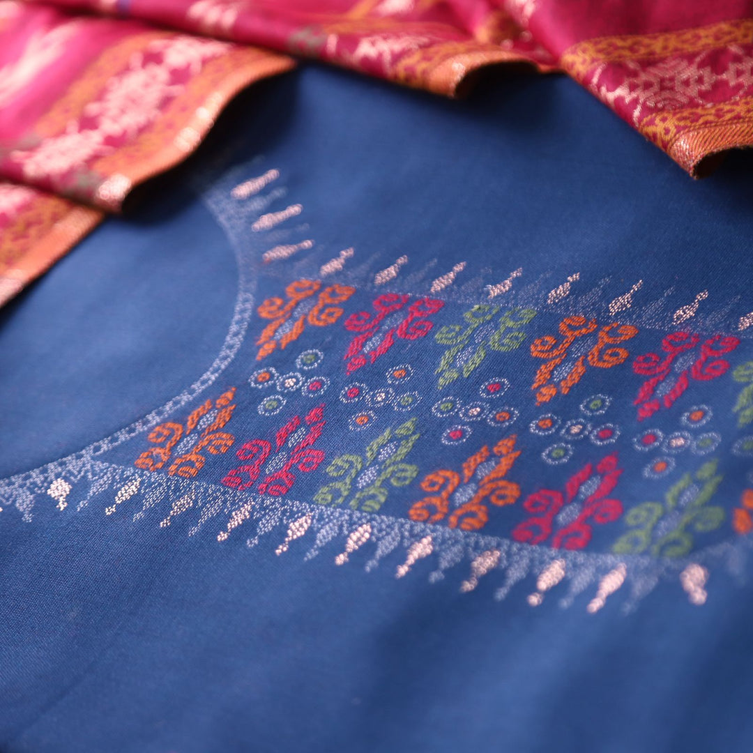 इशानी Denim Blue Thread Weaved with Zari Work Semi Pashmina Winter Set