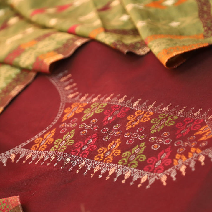 इशानी Maroon Red Thread Weaved with Zari Work Semi Pashmina Winter Set