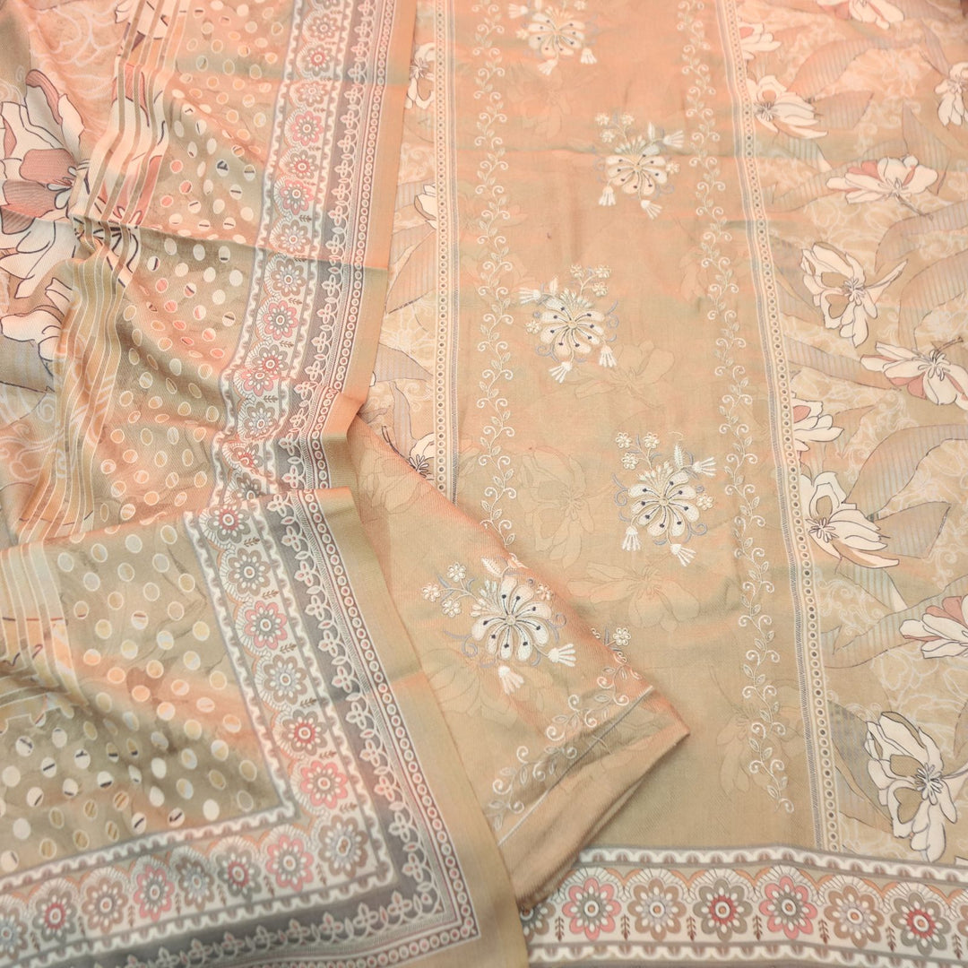 हरदीप Pastel Peach Defined By Floral Printed Work Semi Pashmina Winter Set