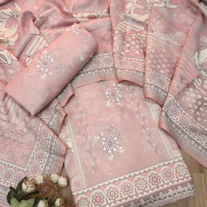 हरदीप Soft Pink Defined By Floral Printed Work Semi Pashmina Winter Set