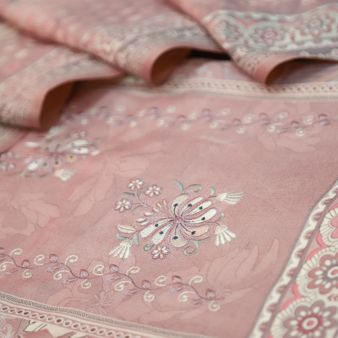 हरदीप Soft Pink Defined By Floral Printed Work Semi Pashmina Winter Set