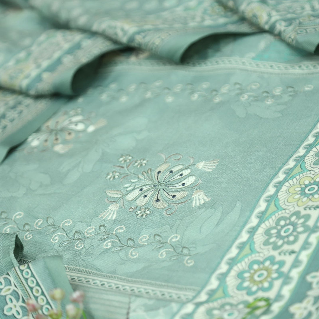 हरदीप Mint Sea Form Defined By Floral Printed Work Semi Pashmina Winter Set