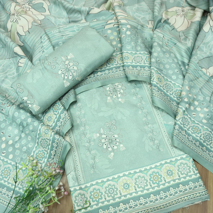 हरदीप Mint Sea Form Defined By Floral Printed Work Semi Pashmina Winter Set