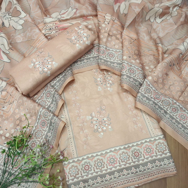 हरदीप Skin Beige Defined By Floral Printed Work Semi Pashmina Winter Set