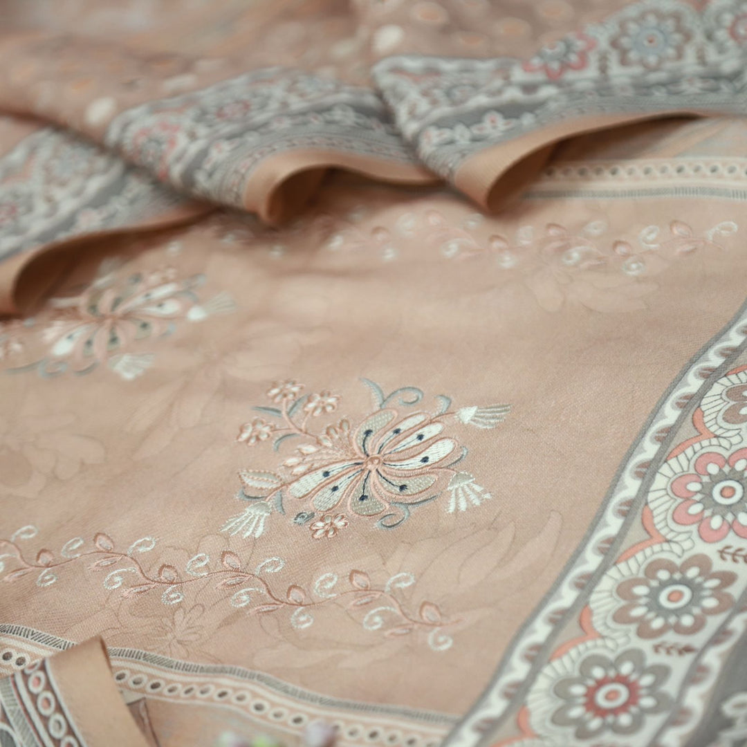 हरदीप Skin Beige Defined By Floral Printed Work Semi Pashmina Winter Set