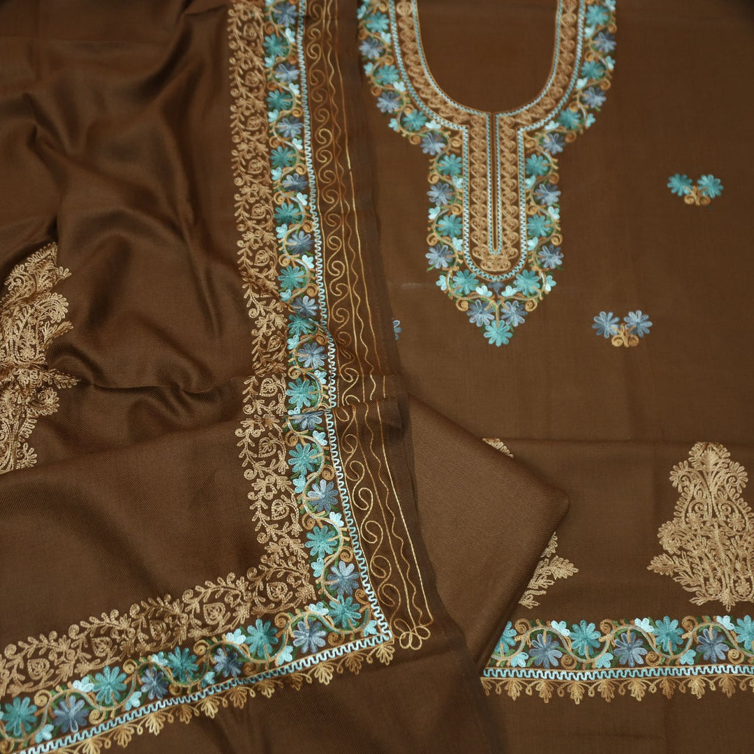 भानुशी Coffee Brown Elegant Woven Kashida Embroidery Semi Pashmina Winter Set