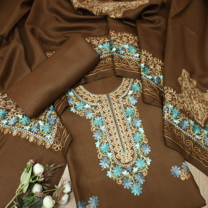 भानुशी Coffee Brown Elegant Woven Kashida Embroidery Semi Pashmina Winter Set