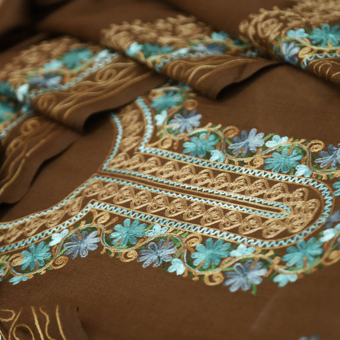 भानुशी Coffee Brown Elegant Woven Kashida Embroidery Semi Pashmina Winter Set