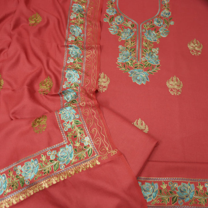 भानुशी Coral Blush Elegant Woven Kashida Embroidery Semi Pashmina Winter Set