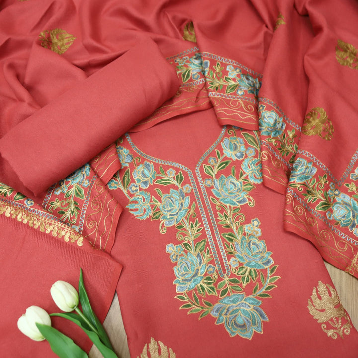 भानुशी Coral Blush Elegant Woven Kashida Embroidery Semi Pashmina Winter Set