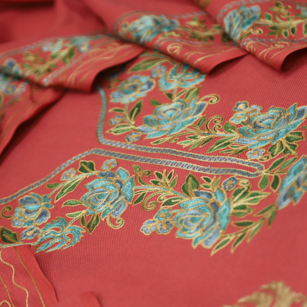 भानुशी Coral Blush Elegant Woven Kashida Embroidery Semi Pashmina Winter Set