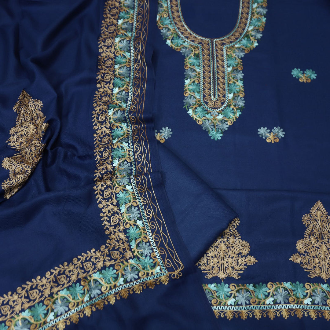 भानुशी Indigo Blue Elegant Woven Kashida Embroidery Semi Pashmina Winter Set