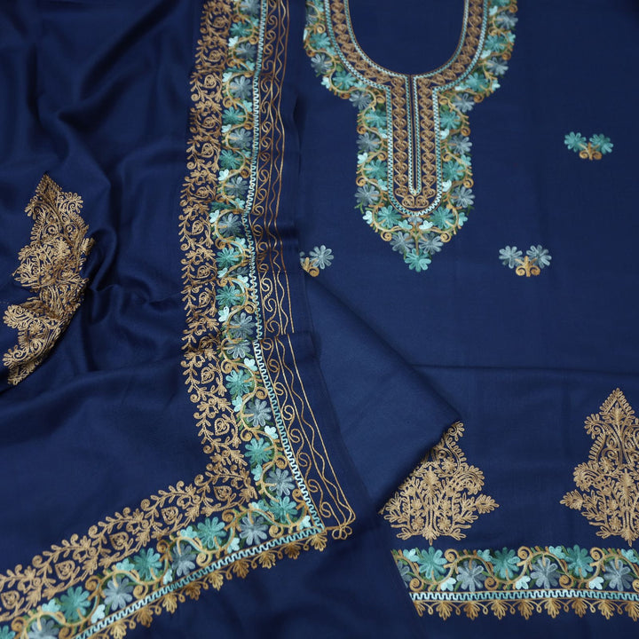 भानुशी Indigo Blue Elegant Woven Kashida Embroidery Semi Pashmina Winter Set
