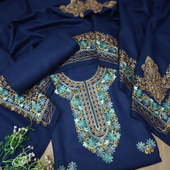 भानुशी Indigo Blue Elegant Woven Kashida Embroidery Semi Pashmina Winter Set
