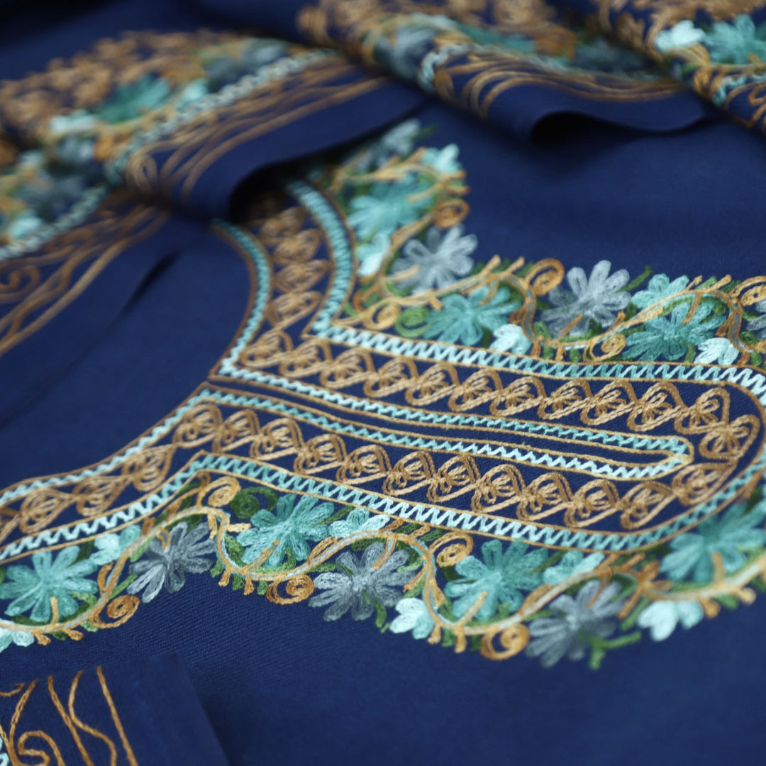 भानुशी Indigo Blue Elegant Woven Kashida Embroidery Semi Pashmina Winter Set