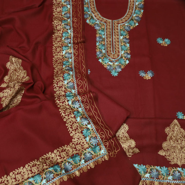 भानुशी Maroon Red Elegant Woven Kashida Embroidery Semi Pashmina Winter Set