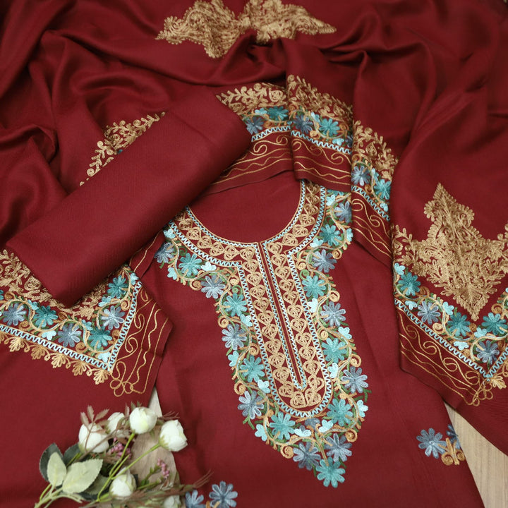 भानुशी Maroon Red Elegant Woven Kashida Embroidery Semi Pashmina Winter Set
