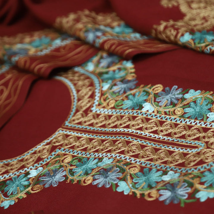 भानुशी Maroon Red Elegant Woven Kashida Embroidery Semi Pashmina Winter Set