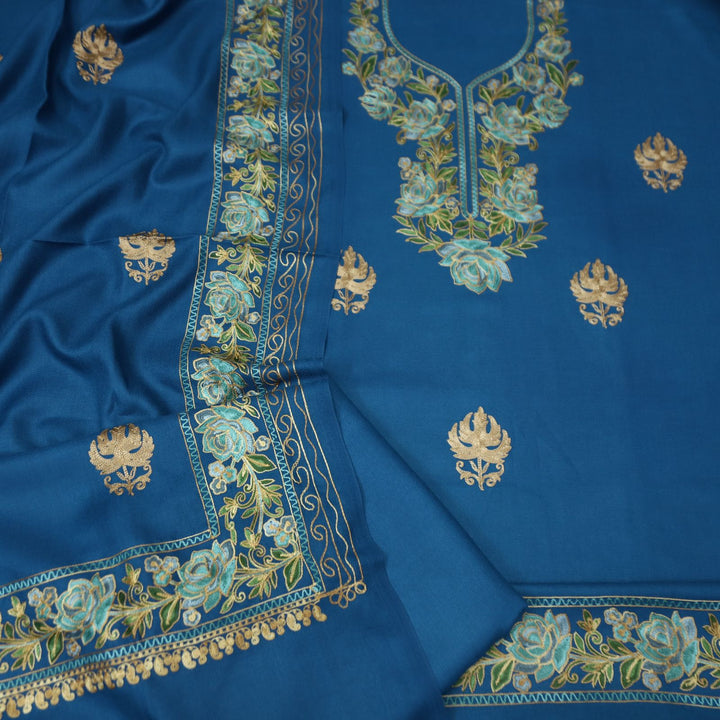 भानुशी Cerulean Blue Elegant Woven Kashida Embroidery Semi Pashmina Winter Set