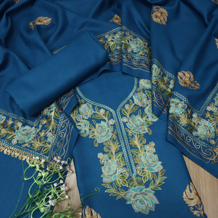 भानुशी Cerulean Blue Elegant Woven Kashida Embroidery Semi Pashmina Winter Set