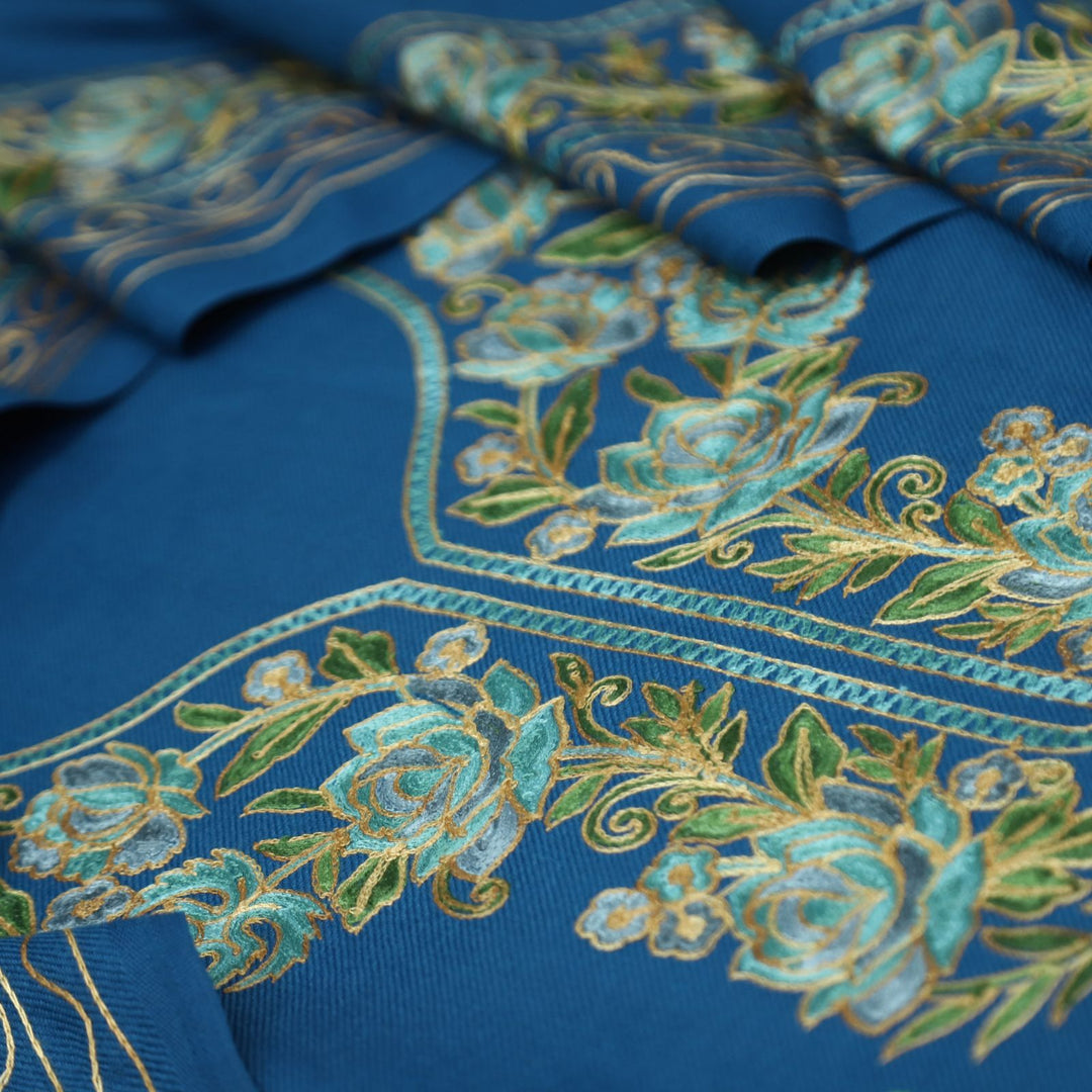 भानुशी Cerulean Blue Elegant Woven Kashida Embroidery Semi Pashmina Winter Set