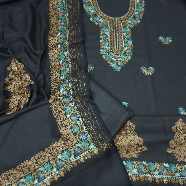 भानुशी Dark Grey Elegant Woven Kashida Embroidery Semi Pashmina Winter Set