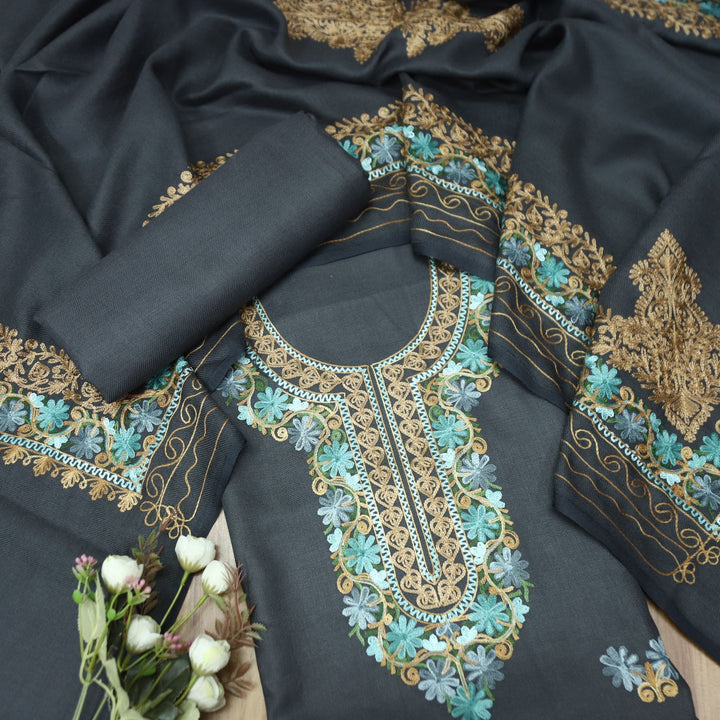 भानुशी Dark Grey Elegant Woven Kashida Embroidery Semi Pashmina Winter Set