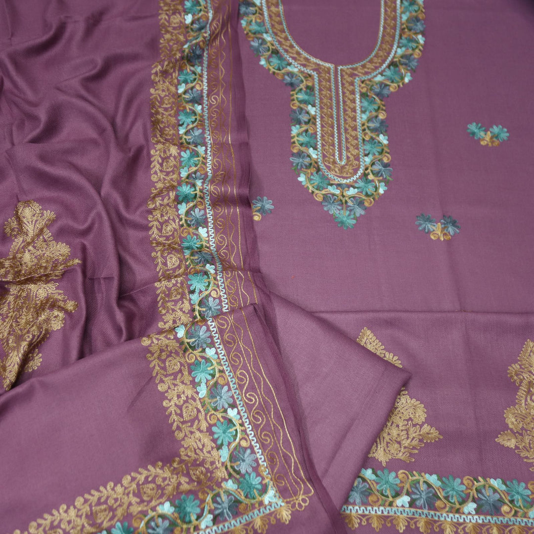 भानुशी Jasmine Lilac Elegant Woven Kashida Embroidery Semi Pashmina Winter Set