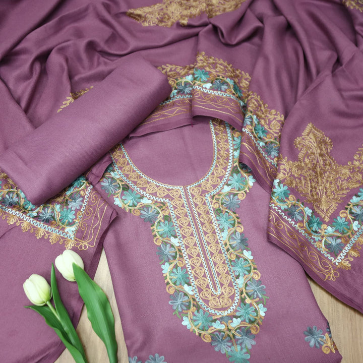 भानुशी Jasmine Lilac Elegant Woven Kashida Embroidery Semi Pashmina Winter Set