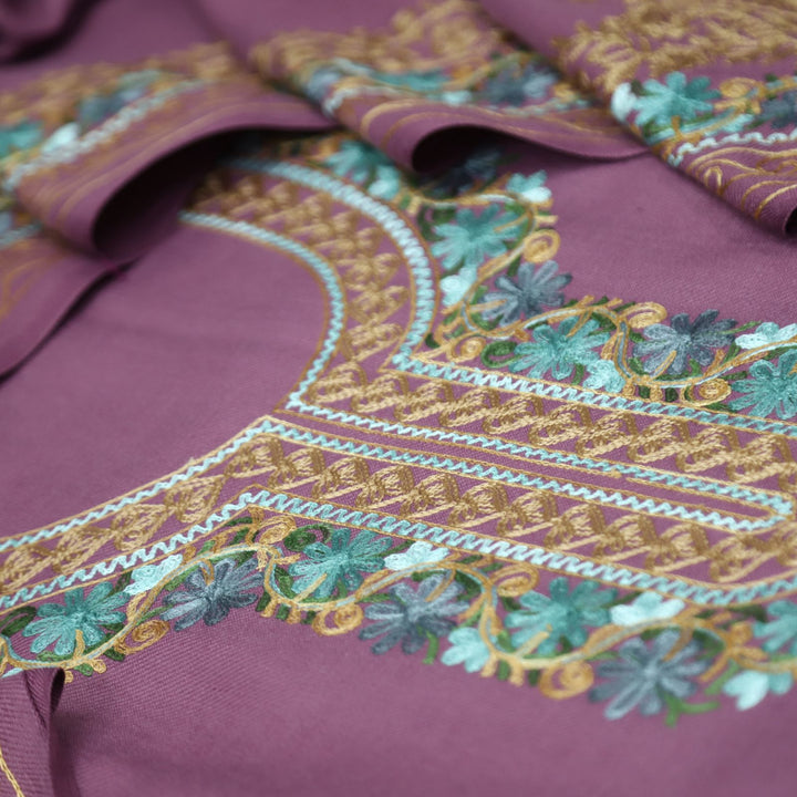 भानुशी Jasmine Lilac Elegant Woven Kashida Embroidery Semi Pashmina Winter Set