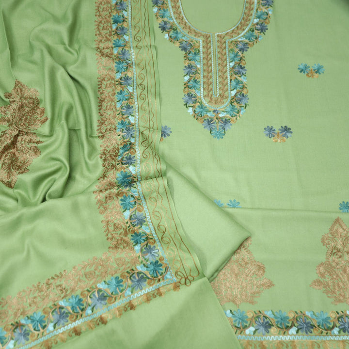 भानुशी Fern Green Elegant Woven Kashida Embroidery Semi Pashmina Winter Set