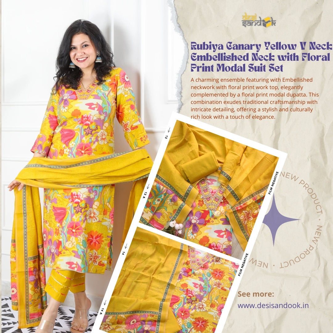 Rubiya Canary Yellow V Neck Embellished Neck with Floral Print Modal Suit Set