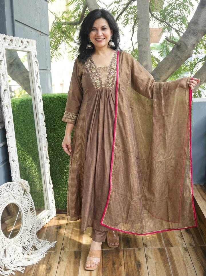 Shanya Hazel Tan Embellish Panel Style Tissue Chanderi Set