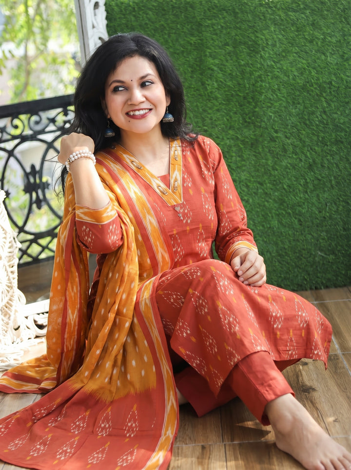 Shrivali Burnt Rust Ikkat Cotton 3 Piece Set