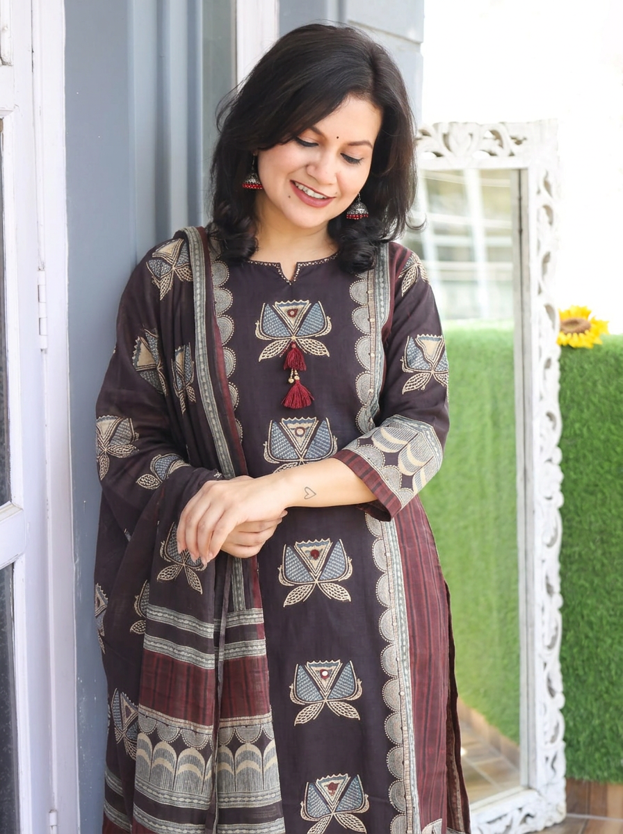 Rushali Black Panel Block Printed Cotton 3 Piece Set