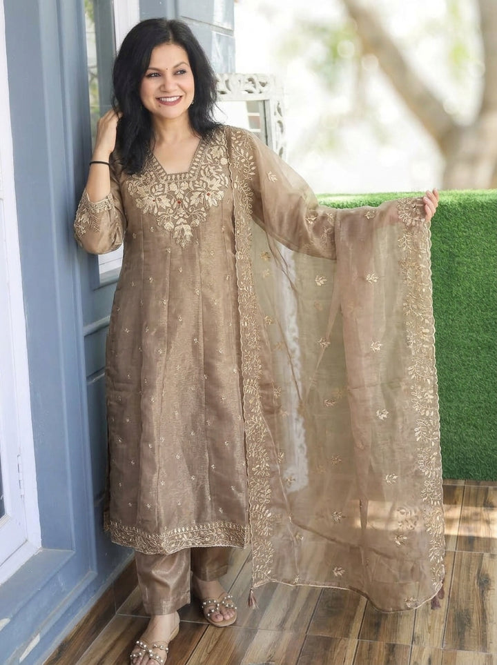 Laavanya Mouse Tan Gota Patti Work Shimmer Organza 3 Piece Set