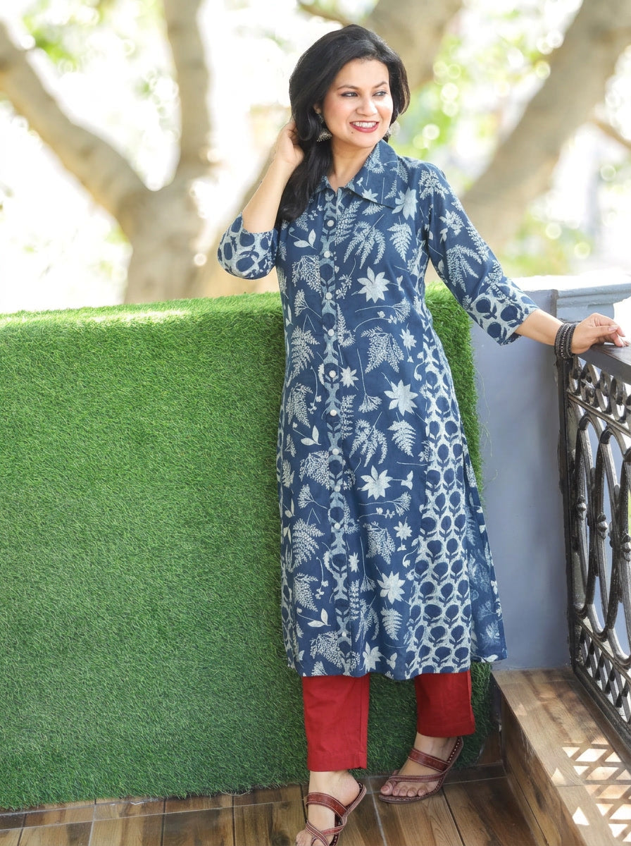 Kriya Prussian Blue Tropical Dabu Printed Button Down Cotton Kurti