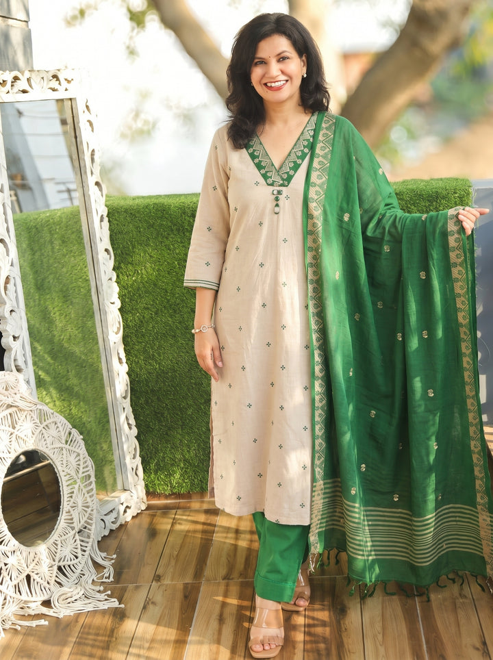 Emily Beige with Green Weaved South Cotton 3 Piece Set
