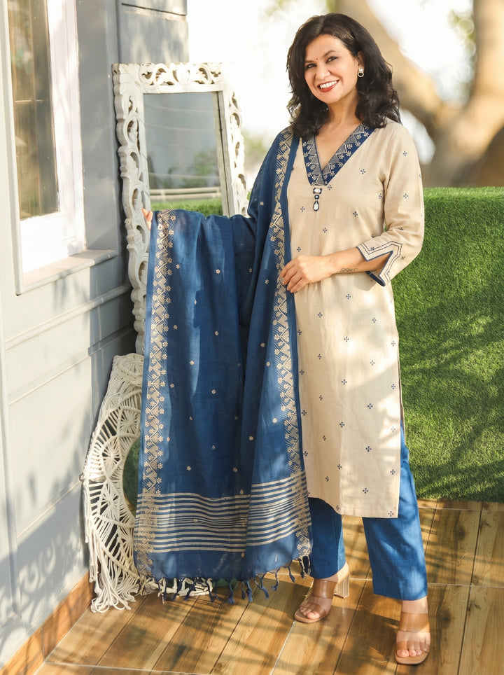 Emily Beige with Blue Weaved South Cotton 3 Piece Set