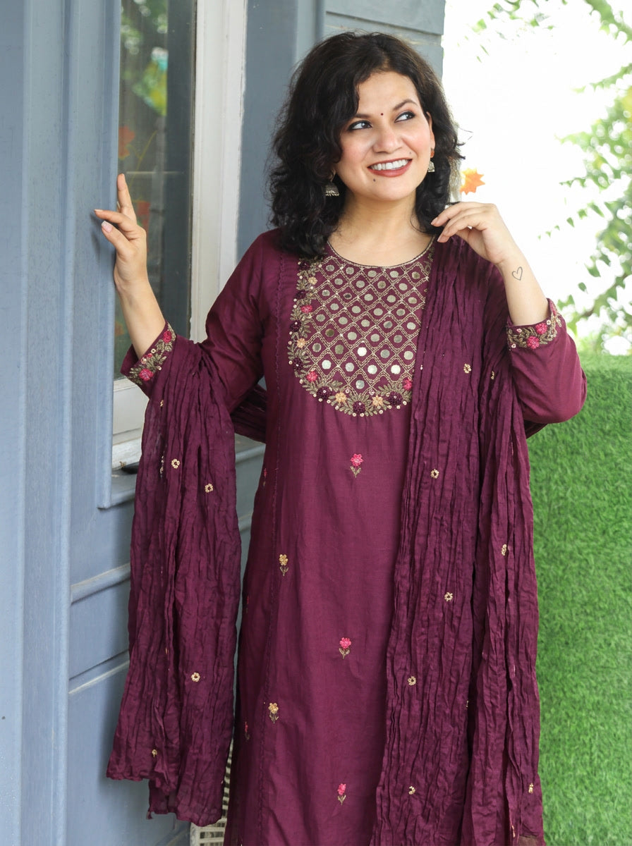 Kaveri Mahogany Wine Mirror Work Yoke Cotton 3 Piece Set
