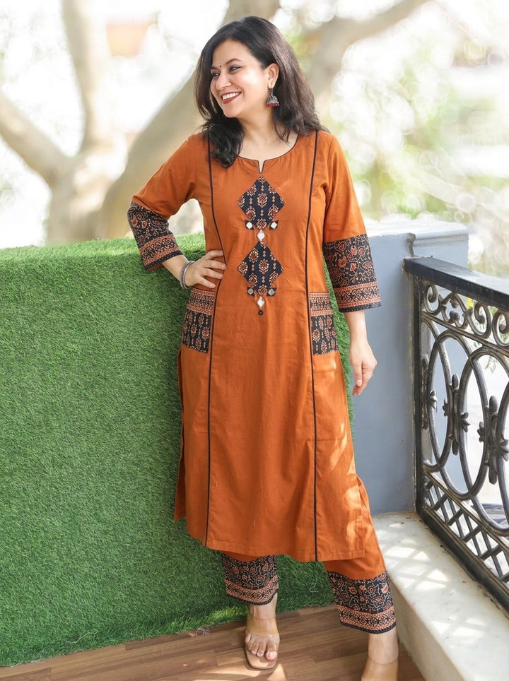 Karishma Rust Ajrakh Patch with Mirror Panel Style Cotton Co-ord Set