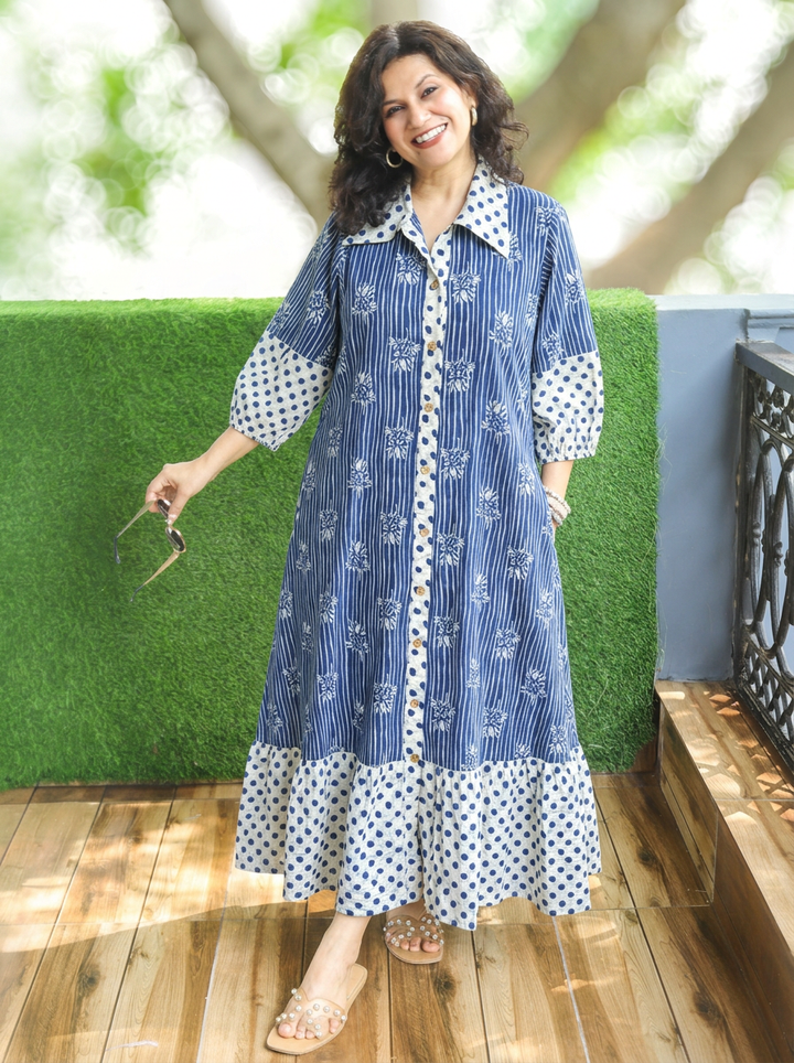 Asya Stone Blue Dabu Printed Button Down Cotton Dress