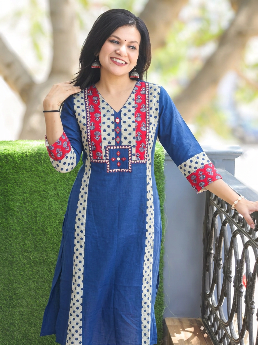 Drishti Prussia Blue Triple Panel Ajrak Yoke with Mirror Cotton Kurti