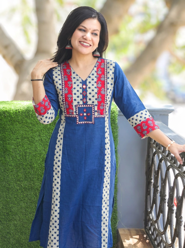 Drishti Prussia Blue Triple Panel Ajrak Yoke with Mirror Cotton Kurti