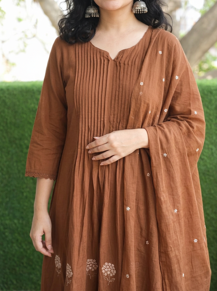 Navya Choco Brown Pintuck Embroidered Mul Cotton Set