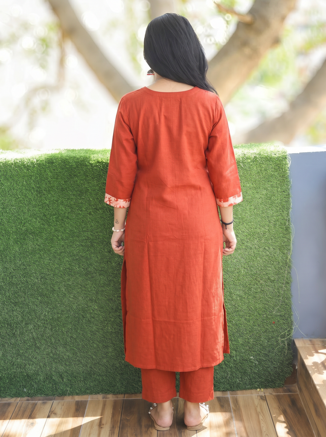 Rimjim Rust Orange Panel Style Dabu Cotton Kurti