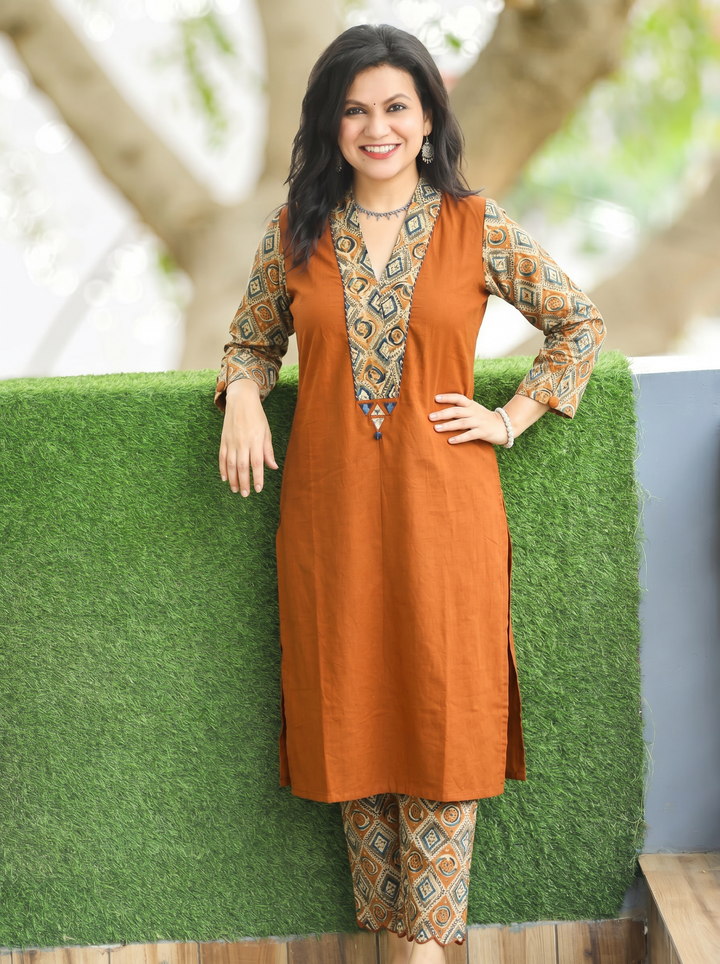 Barsha Burnt Orange Kalamkari V Neck Cotton Kurti