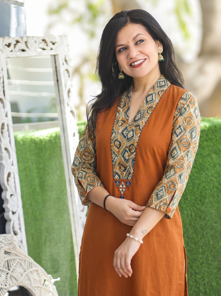 Barsha Burnt Orange Kalamkari V Neck Cotton Kurti